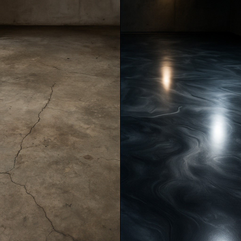 Before and after Floor Seasons epoxy floor transformation - Las Vegas